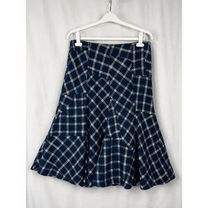 Lauren Ralph Lauren Blue Plaid Linen Cotton Midi Skirt Size 10 Flare Patchwork M